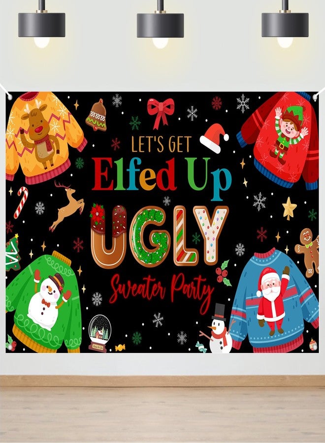 Lecheme Ugly Sweater Party Banner 6x3.6 ft Elfed Up Christmas Backdrop Black Ugly Sweater Party Decorations for Xmas Friendsmas Elf Theme Background Holiday Photo Props - Image 1